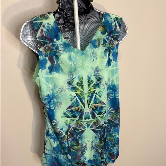 Blue and Green Sleeveless Women's Top lace detail balloon loose waist with band - Picture 8 of 9